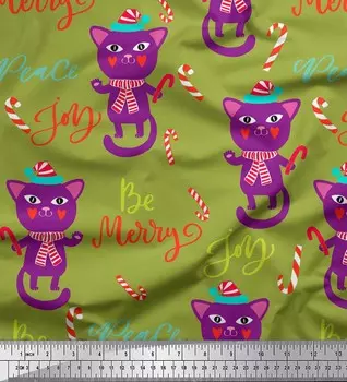 Зеленая японская креп-сатиновая ткань Soimoi с принтом для детей с текстом и котами, ткань для рукоделия шириной 42 дюйма по метрам 42 Inch Wide - Poly Crepe зелёный