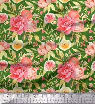 Зеленая японская креп-сатиновая ткань Soimoi с цветочным принтом листьев и пионов, 42 дюйма по метрам 42 Inch Wide - Poly Crepe зелёный