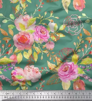 Зеленая японская креп-сатиновая ткань Soimoi с акварельным принтом цветов и листьев, 42 дюйма по метрам 42 Inch Wide - Cotton Voile зелёный