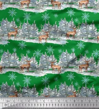 Зеленая японская креп-сатиновая ткань Soimoi с принтом оленей и снежинок, дерево по метрам, 42 дюйма 42 Inch Wide - Poly Crepe зелёный
