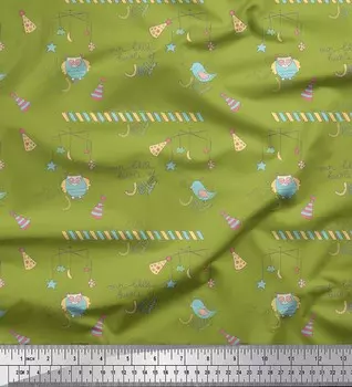 Зеленая японская креп-сатиновая ткань Soimoi с принтом для детей с текстом и птицами, 42 дюйма по метрам 42 Inch Wide - Cotton Voile зелёный