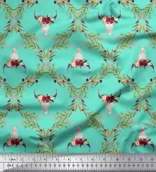 Зеленая японская креп-сатиновая ткань Soimoi с цветочным принтом и коровьим черепом, дамасская ткань с принтом, 42 дюйма по метрам 42 Inch Wide - Cotton Voile зелёный