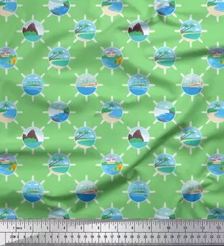 Зеленая японская креп-сатиновая ткань Soimoi с принтом «Дом, дерево и река» для рукоделия, ширина 42 дюйма по метрам 42 Inch Wide - Poly Crepe зелёный