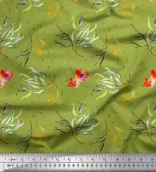Зеленая японская креп-сатиновая ткань Soimoi с акварельным принтом цветов и листьев, 42 дюйма по метрам 42 Inch Wide - Cotton Voile зелёный