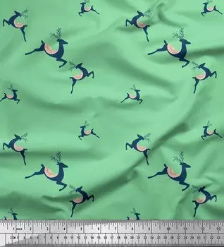 Зеленая японская креп-сатиновая ткань Soimoi с принтом оленей и животных на метр, 42 дюйма 42 Inch Wide - Poly Crepe зелёный