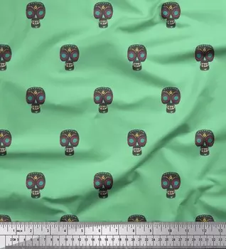 Зеленая японская креп-сатиновая ткань Soimoi с принтом в виде черепа на метр 42 дюйма 42 Inch Wide - Poly Crepe зелёный