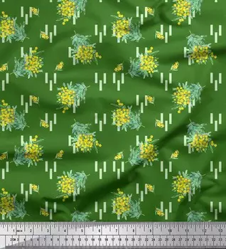 Зеленая японская креп-сатиновая ткань Soimoi с листьями и акацией Dealbata с цветочным принтом по метрам 42 дюйма 42 Inch Wide - Cotton Voile зелёный