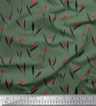 Зеленая японская креп-сатиновая ткань Soimoi с принтом красных ягод и листьев, 42 дюйма по метрам 42 Inch Wide - Cotton Voile зелёный