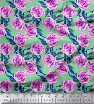 Зеленая японская креп-сатиновая ткань Soimoi с цветочным принтом листьев и бегонии, 42 дюйма по метрам 42 Inch Wide - Poly Crepe зелёный