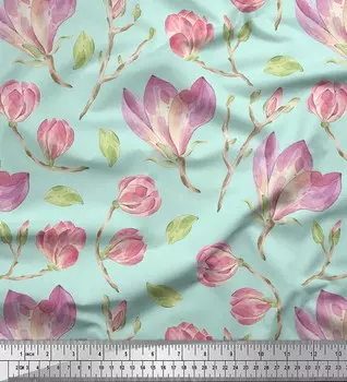 Зеленая японская креп-сатиновая ткань Soimoi с цветочным принтом в виде листьев и магнолии, 42 дюйма по метрам 42 Inch Wide - Cotton Voile зелёный