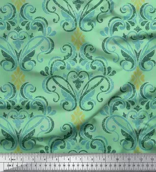 Зеленая японская креп-сатиновая ткань Soimoi с дамасским принтом и векторным дизайном, ткань для рукоделия по метрам 42 дюйма 42 Inch Wide - Cotton Voile зелёный