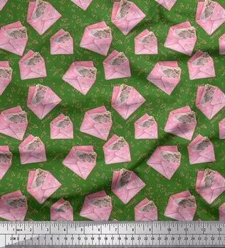 Зеленая японская креп-сатиновая ткань Soimoi с текстом и конвертом, детская ткань с принтом по метрам, 42 дюйма 42 Inch Wide - Cotton Voile зелёный