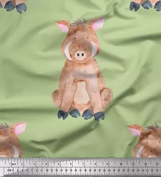 Зеленая японская креп-сатиновая ткань Soimoi с принтом свиньи и животных, ткань для рукоделия шириной 42 дюйма по метрам 42 Inch Wide - Poly Crepe зелёный