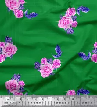 Зеленая японская креп-сатиновая ткань Soimoi с цветочным принтом листьев и роз, ткань по метрам, 42 дюйма 42 Inch Wide - Poly Crepe зелёный