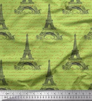 Зеленая японская креп-сатиновая ткань Soimoi с текстом и Эйфелевой башней с архитектурным принтом, 1 метр 42 дюйма 42 Inch Wide - Poly Crepe зелёный