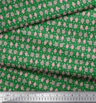Зеленая японская креп-сатиновая ткань Soimoi с принтом в виде сердечек и совы и птиц, 42 дюйма по метрам 42 Inch Wide - Cotton Voile зелёный