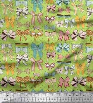 Зеленая японская креп-сатиновая ткань Soimoi с несколькими бантами и горошками, принты по метрам, 42 дюйма 42 Inch Wide - Poly Crepe зелёный