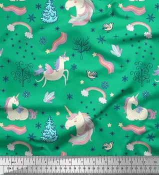 Зеленая японская креп-сатиновая ткань Soimoi, ткань с принтом единорога и радуги и природным принтом, 42 дюйма по метрам 42 Inch Wide - Poly Crepe зелёный