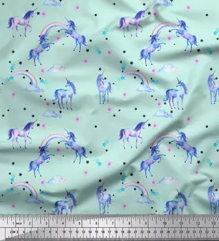 Зеленая японская креп-сатиновая ткань Soimoi, ткань с принтом единорога и радуги и природным принтом, 42 дюйма по метрам 42 Inch Wide - Poly Crepe зелёный