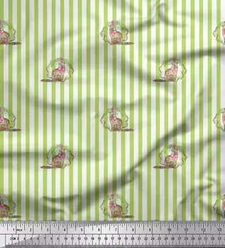 Зеленая японская креп-сатиновая ткань Soimoi, ткань с принтом кошек и венков в полоску, 1 метр 42 дюйма 42 Inch Wide - Poly Crepe зелёный