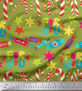 Зеленая японская креп-сатиновая ткань Soimoi, ткань с принтом звезд и леденцов для вечеринок, 42 дюйма по метрам 42 Inch Wide - Poly Crepe зелёный