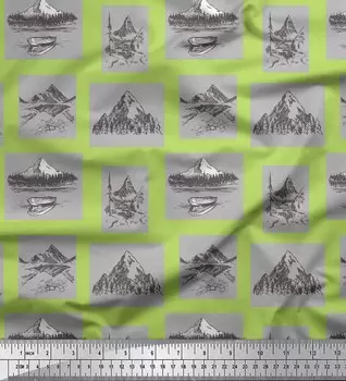 Зеленая японская креп-сатиновая ткань Soimoi, ткань с принтом лодок и гор, природа, 1 метр, 42 дюйма 42 Inch Wide - Poly Crepe зелёный