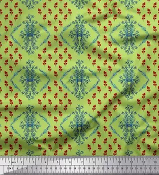 Зеленая японская креп-сатиновая ткань Soimoi, ткань с принтом цветов и красных ягод и фруктов, 42 дюйма по метрам 42 Inch Wide - Poly Crepe зелёный