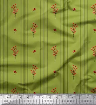 Зеленая японская креп-сатиновая ткань Soimoi, ткань для рукоделия с принтом красных ягод и полосок шириной 42 дюйма по метрам 42 Inch Wide - Poly Crepe зелёный