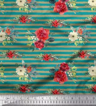 Зеленая японская креп-сатиновая ткань Soimoi, ткань с принтом бегонии и полосок, 42 дюйма по метрам 42 Inch Wide - Poly Crepe зелёный