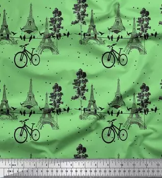 Зеленая японская креп-сатиновая ткань Soimoi, ткань с архитектурным принтом для велосипеда и Эйфелевой башни, 42 дюйма по метрам 42 Inch Wide - Poly Crepe зелёный
