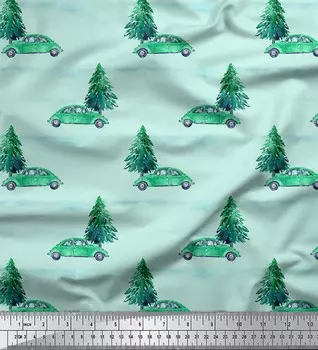 Зеленая японская креп-сатиновая ткань Soimoi, ткань с принтом автомобиля и кедрового дерева, 42 дюйма по метрам 42 Inch Wide - Poly Crepe зелёный