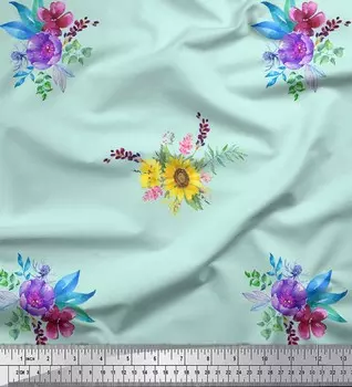 Зеленая японская креп-сатиновая ткань Soimoi, ткань с цветочным принтом подсолнечника и пиона, 42 дюйма по метрам 42 Inch Wide - Poly Crepe зелёный