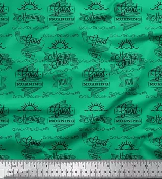 Зеленая японская креп-сатиновая ткань Soimoi, ткань с принтом солнца и текста, 42 дюйма по метрам 42 Inch Wide - Poly Crepe зелёный