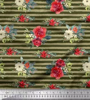 Зеленая японская креп-сатиновая ткань Soimoi, ткань с принтом бегонии и полосок, 42 дюйма по метрам 42 Inch Wide - Poly Crepe зелёный