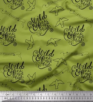 Зеленая японская креп-сатиновая ткань Soimoi, ткань с принтом в стиле племени птиц и текста, 1 метр 42 дюйма 42 Inch Wide - Cotton Voile зелёный