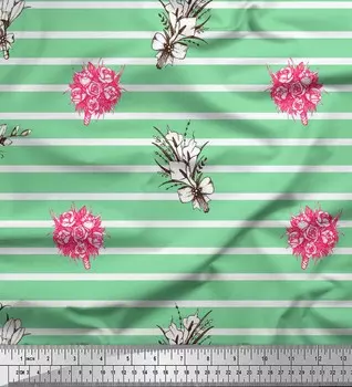 Зеленая японская креп-сатиновая ткань Soimoi в полоску и с цветочным принтом букета роз, 42 дюйма по метрам 42 Inch Wide - Poly Crepe зелёный