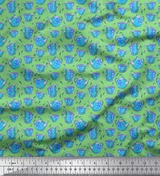 Зеленая японская креп-сатиновая ткань Soimoi в горошек, чашка и чайник, кухонная ткань с принтом, 1 метр, 42 дюйма 42 Inch Wide - Poly Crepe зелёный