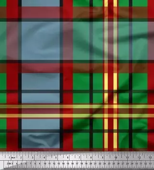 Зеленая японская креп-сатиновая ткань Soimoi в клетку с принтом в клетку, 42 дюйма по метрам 42 Inch Wide - Poly Crepe синий