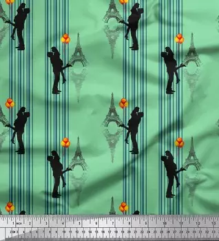 Зеленая японская креп-сатиновая ткань Soimoi в полоску и с принтом «Эйфелева башня с любовью» по метрам, 42 дюйма 42 Inch Wide - Poly Crepe зелёный