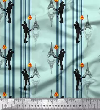 Зеленая японская креп-сатиновая ткань Soimoi в полоску и с принтом «Эйфелева башня с любовью» по метрам, 42 дюйма 42 Inch Wide - Poly Crepe зелёный
