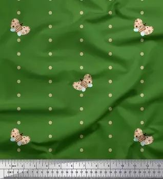 Зеленая японская креп-сатиновая ткань Soimoi в горошек и с принтом насекомых в виде медоносных пчел, 42 дюйма 42 Inch Wide - Poly Crepe зелёный