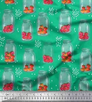 Зеленая японская креп-сатиновая ткань Soimoi, ваза для бутылок и фрукты с принтом клубники, ткань по метрам, 42 дюйма 42 Inch Wide - Poly Crepe зелёный