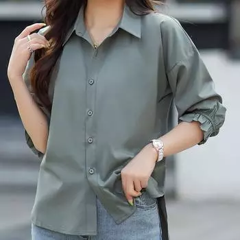 Зеленая рубашка для работы, женские топы с оборками и рукавами три четверти, весенне-осенние офисные женские тонкие деловые базовые рубашки M светло-зеленый