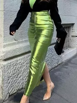 Зеленая юбка из искусственной кожи с разрезом для женщин, высокая талия, облегающая макси-юбка, сексуальная женская юбка для выпускного, новинка 2023 года S серебряный