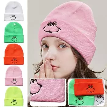 Зеленая вышитая вязаная шапка, пуловер, теплая шапка, шерстяная шапка в стиле хип-хоп One Size