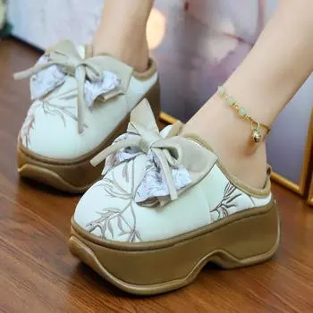 Зеленая вышивка бант узел Enthic Туфли 5 см Высокий каблук пушистые тапочки Главная Дамские толстые увеличивающие рост шлепанцы обувь 36-37 зелёный