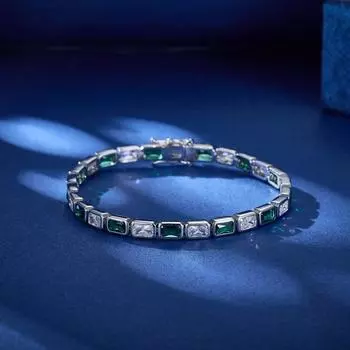 Зелено-белая прямоугольная теннисная цепочка с цирконием и серебром, стильные элегантные украшения белый/зелёный