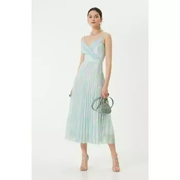 Зелено-розовое плиссированное платье с v-образным вырезом