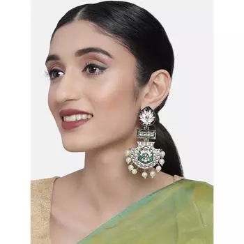 Зелено-розовые женские серьги с подвесками Meenakari Lotus Design Kundan