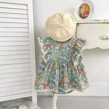 Зеленое боди с цветочным принтом для маленьких девочек 0-2 лет, милый хлопковый комбинезон с летящими рукавами, летняя одежда для младенцев 66